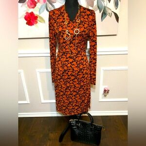 Black and Orange Wrap Dress Long Sleeve V-Neck